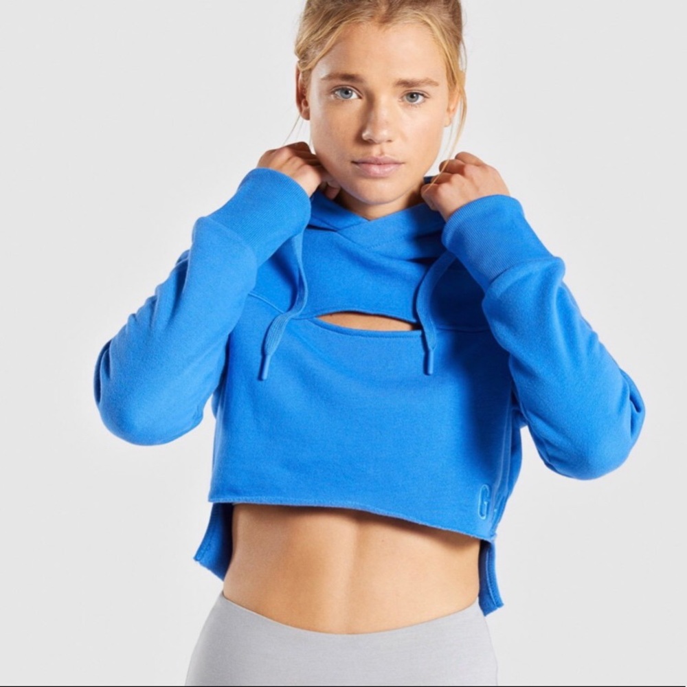 NWOT Blue Gymshark Raw Edge Cropped Hoodie